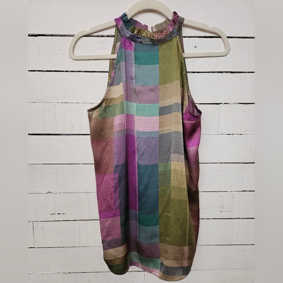 Go By Go Silk Go Scuba Cutaway Madras Plaid Top Blouse Multicolor Zip Front Sz S - Picture 5 of 8